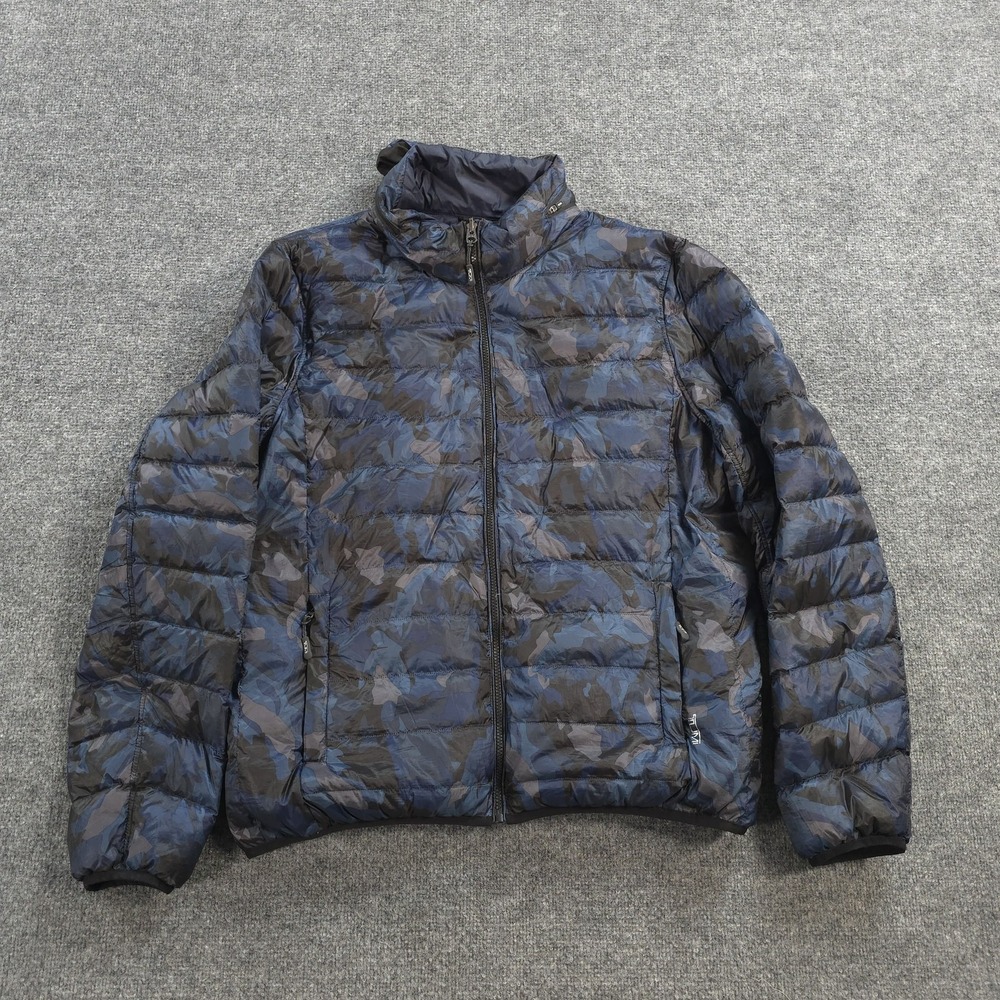 Tumi Jacket Mens XL Blue Camo PAX Down Puffer Hooded Packable Travel Outdoors